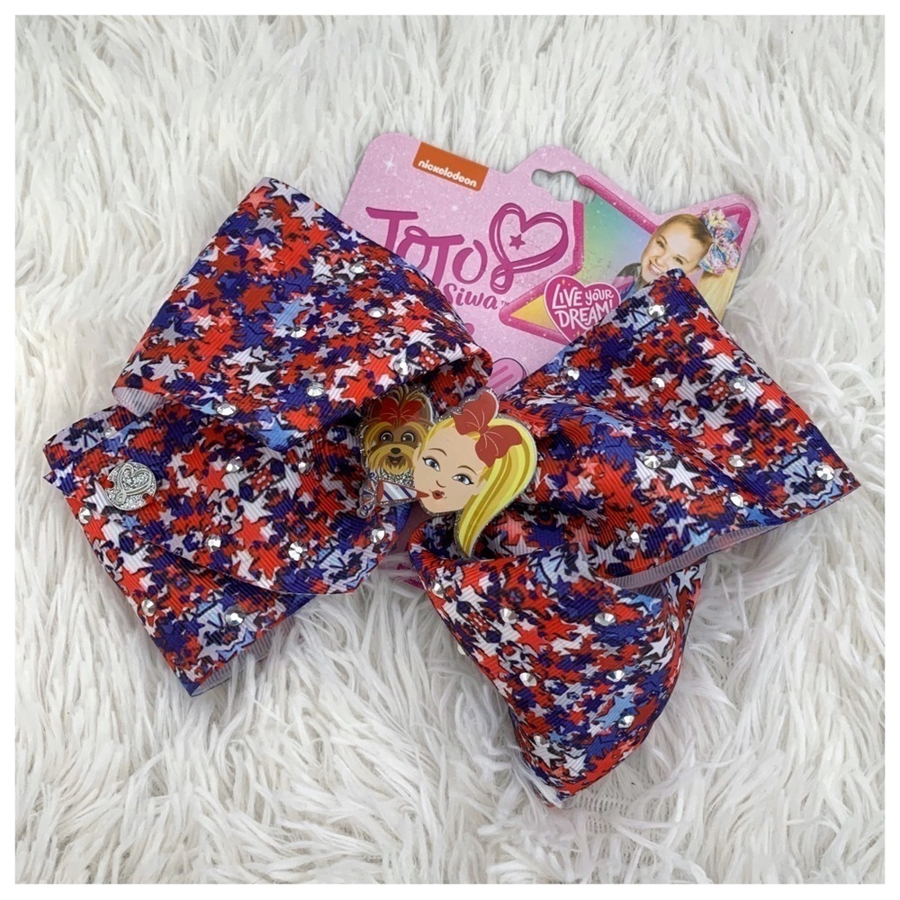 NWT JoJo Siwa Emoji BowBow Dog American Patriotic Big Cheer Dance Bow Rhinestone